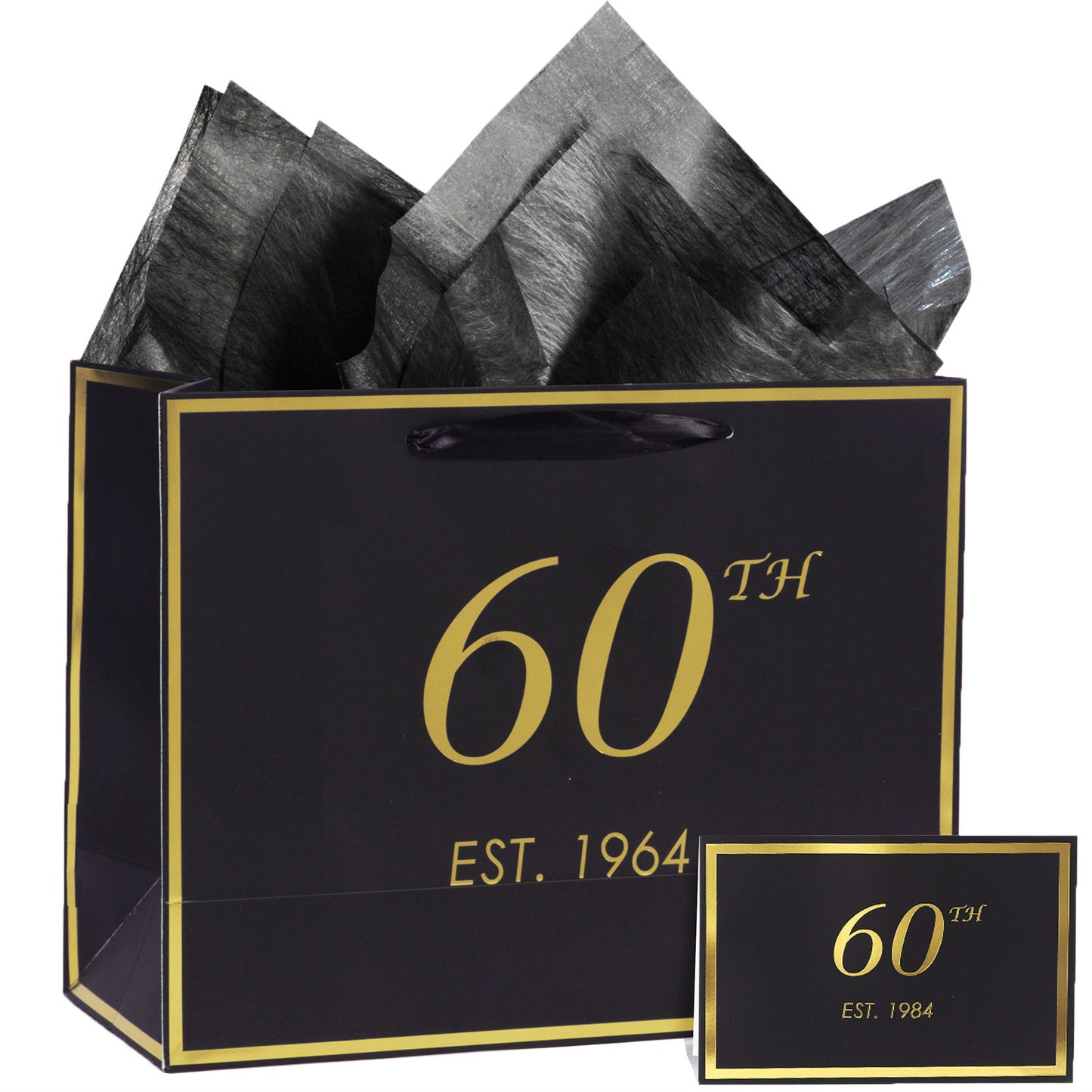 60th Birthday Gift Bag with Card and Tissue Paper for Men Women, 1964 60 Year Old 13" Elegant Black Gold Anniversary Keepsake Party Present Shopping Paper Bags for Gifts Wrapping (1964 60th)