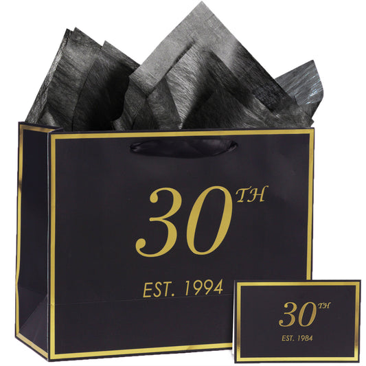 30th Birthday Gift Bag with Card and Tissue Paper for Men Women, 1994 30 Year Old 13" Elegant Black Gold Anniversary Keepsake Party Present Shopping Paper Bags for Gifts Wrapping (1994 30th)