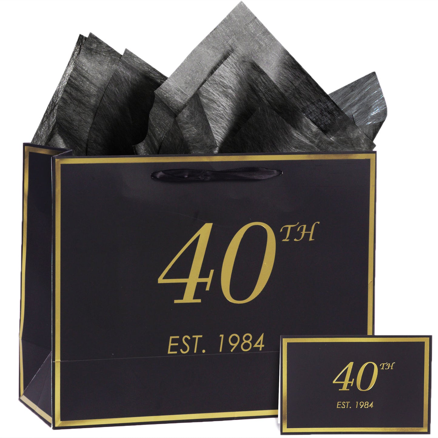 40th Birthday Gift Bag with Card and Tissue Paper for Men Women, 1984 40 Year Old 13" Elegant Black Gold Anniversary Keepsake Party Present Shopping Paper Bags for Gifts Wrapping (1984 40th)