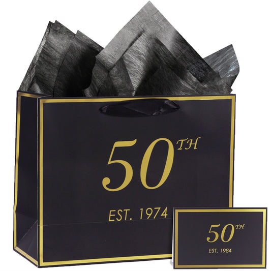 50th Birthday Gift Bag with Card and Tissue Paper for Men Women, 1974 50 Year Old 13" Elegant Black Gold Anniversary Keepsake Party Present Shopping Paper Bags for Gifts Wrapping (1974 50th)