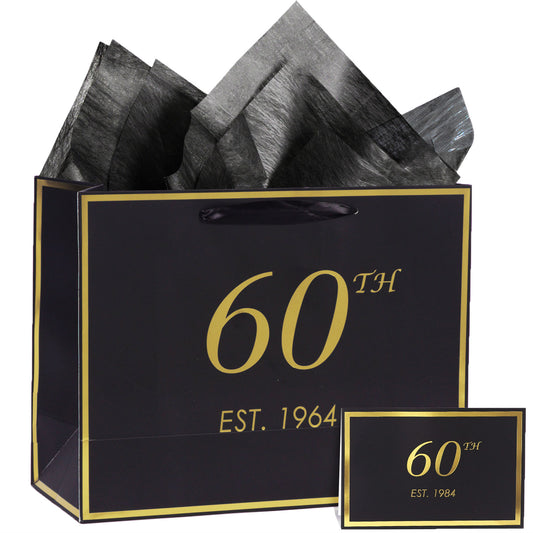 60th Birthday Gift Bag with Card and Tissue Paper for Men Women, 1964 60 Year Old 13" Elegant Black Gold Anniversary Keepsake Party Present Shopping Paper Bags for Gifts Wrapping (1964 60th)