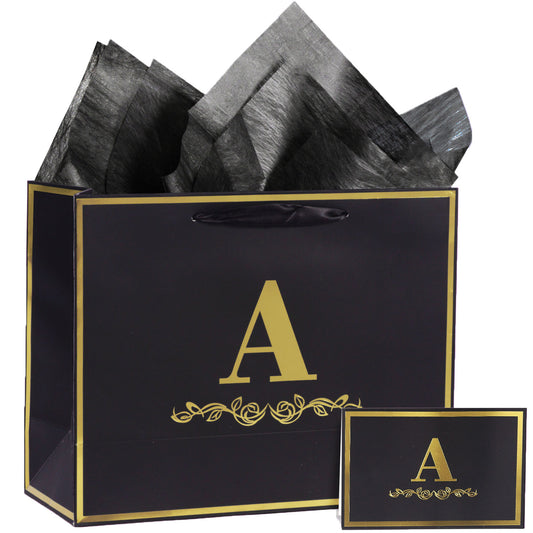 Alphabet Birthday Gift Bag with Card and Tissue Paper for Men Women, 13" Large Black Gold Personalized Bridal Party Gift Paper Bag for Gifts Wrapping - (Letter A)