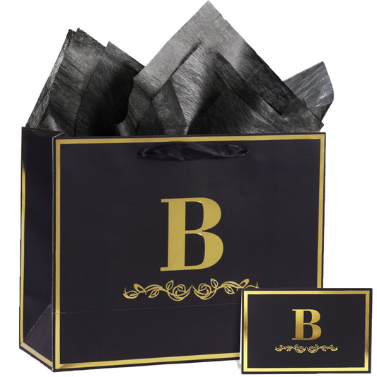 Alphabet Birthday Gift Bag with Card and Tissue Paper for Men Women, 13" Large Black Gold Personalized Bridal Party Gift Paper Bag for Gifts Wrapping - (Letter B)