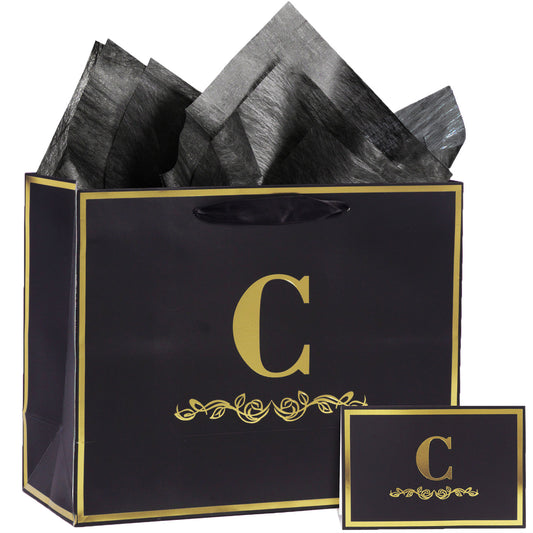 Alphabet Birthday Gift Bag with Card and Tissue Paper for Men Women, 13" Large Black Gold Personalized Bridal Party Gift Paper Bag for Gifts Wrapping - (Letter C)