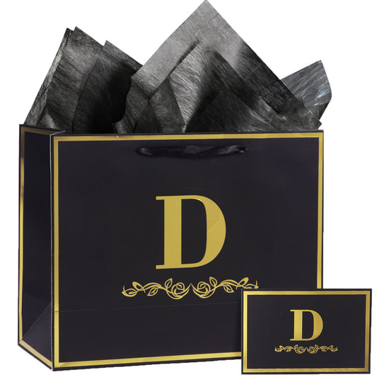 Alphabet Birthday Gift Bag with Card and Tissue Paper for Men Women, 13" Large Black Gold Personalized Bridal Party Gift Paper Bag for Gifts Wrapping - (Letter D)