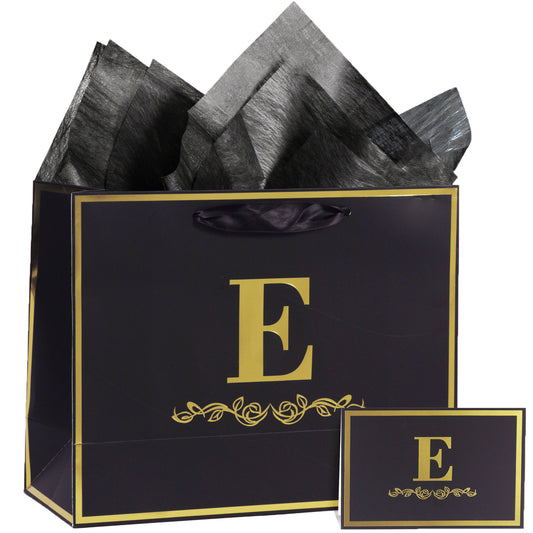 Alphabet Birthday Gift Bag with Card and Tissue Paper for Men Women, 13" Large Black Gold Personalized Bridal Party Gift Paper Bag for Gifts Wrapping - (Letter E)