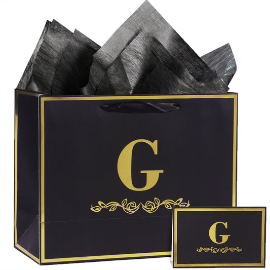 Alphabet Birthday Gift Bag with Card and Tissue Paper for Men Women, 13" Large Black Gold Personalized Bridal Party Gift Paper Bag for Gifts Wrapping - (Letter G)