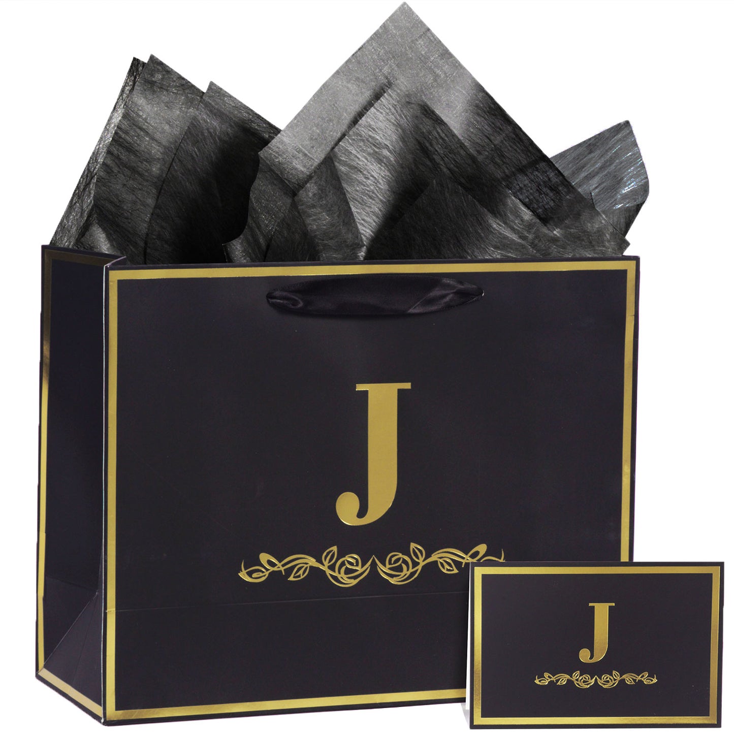 Alphabet Birthday Gift Bag with Card and Tissue Paper for Men Women, 13" Large Black Gold Personalized Bridal Party Gift Paper Bag for Gifts Wrapping - (Letter J)