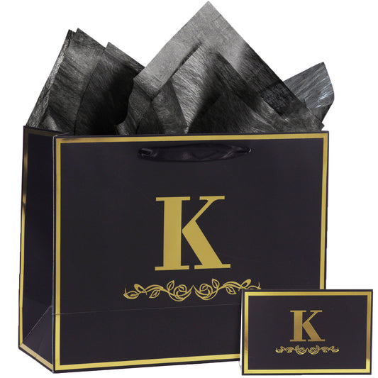 Alphabet Birthday Gift Bag with Card and Tissue Paper for Men Women, 13" Large Black Gold Personalized Bridal Party Gift Paper Bag for Gifts Wrapping - (Letter K)