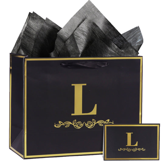 Alphabet Birthday Gift Bag with Card and Tissue Paper for Men Women, 13" Large Black Gold Personalized Bridal Party Gift Paper Bag for Gifts Wrapping - (Letter L)