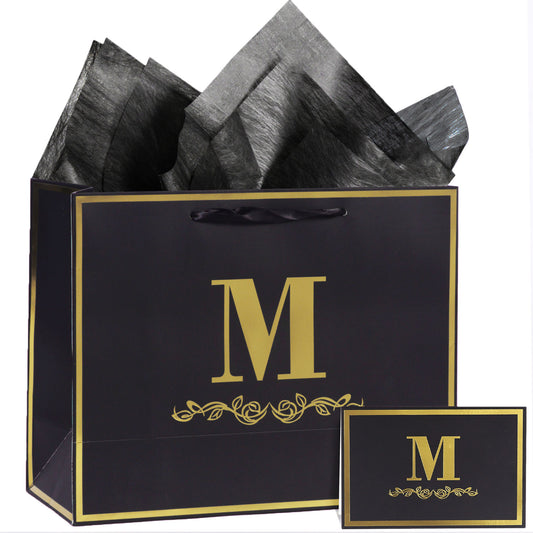 Alphabet Birthday Gift Bag with Card and Tissue Paper for Men Women, 13" Large Black Gold Personalized Bridal Party Gift Paper Bag for Gifts Wrapping - (Letter M)