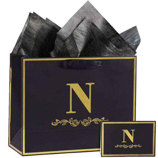 Alphabet Birthday Gift Bag with Card and Tissue Paper for Men Women, 13" Large Black Gold Personalized Bridal Party Gift Paper Bag for Gifts Wrapping - (Letter N)