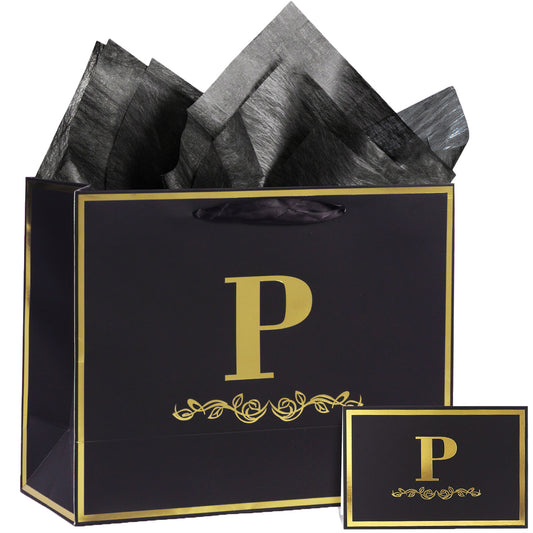 Alphabet Birthday Gift Bag with Card and Tissue Paper for Men Women, 13" Large Black Gold Personalized Bridal Party Gift Paper Bag for Gifts Wrapping - (Letter P)