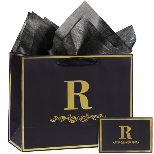 Alphabet Birthday Gift Bag with Card and Tissue Paper for Men Women, 13" Large Black Gold Personalized Bridal Party Gift Paper Bag for Gifts Wrapping - (Letter R)