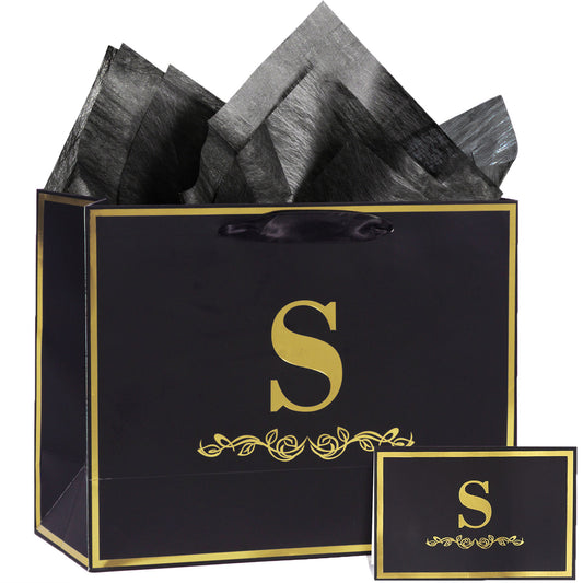 Alphabet Birthday Gift Bag with Card and Tissue Paper for Men Women, 13" Large Black Gold Personalized Bridal Party Gift Paper Bag for Gifts Wrapping - (Letter S)