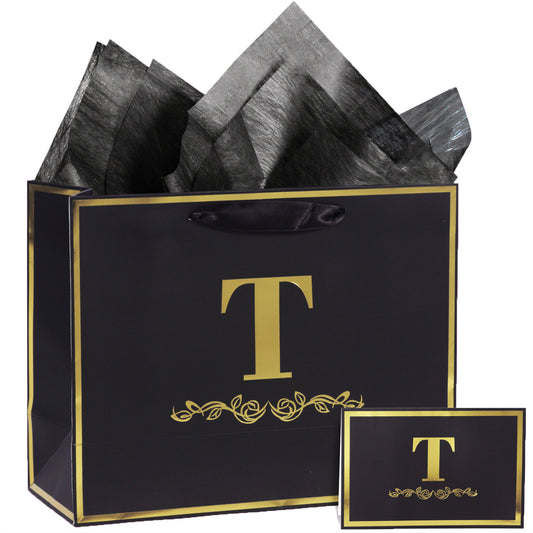 Alphabet Birthday Gift Bag with Card and Tissue Paper for Men Women, 13" Large Black Gold Personalized Bridal Party Gift Paper Bag for Gifts Wrapping - (Letter T)