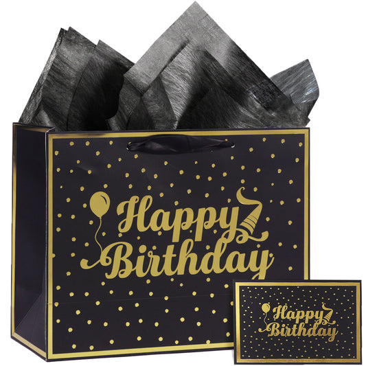 13" Black Gold Large Gift Bag with Card and Tissue Paper, Birthday Gift Bag for Men Women Birthday - 13" x 10.2" x 5.2", 1 Pcs